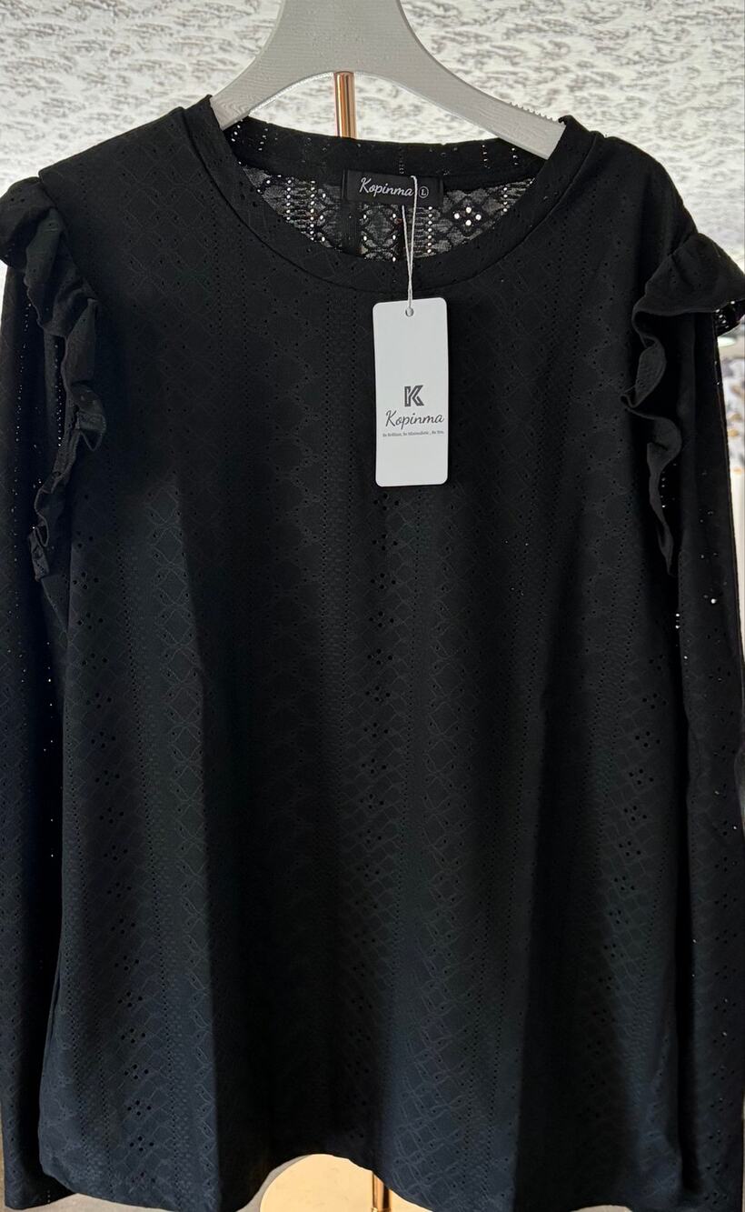 NWT Kopinma Women's LS Black Lace Eyelet Blouse Sz Large